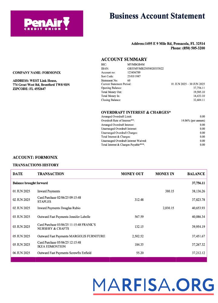 Printable USA Florida PenAir Credit Union organization statement Word and PDF template